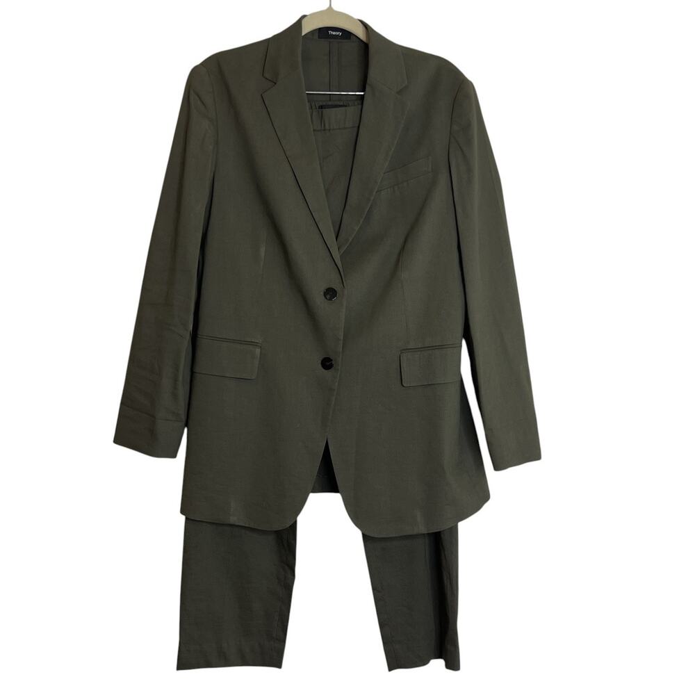 Theory Eco Crunch Linen Blend Pantsuit Jacket Size 4 Pants Size 6 Olive Green